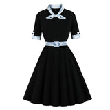 Bow Neck Black Vintage Autumn Winter Dress Female Robe Half Sleeve A Line Swing Dresses Belted Elegant Women Clothing Vestidos