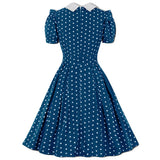 Blue Green Vintage Retro Chiffon Party Women Dress Polka Dots Print Turn Down Collar With Bow Rockabilly A Line Party Sundress