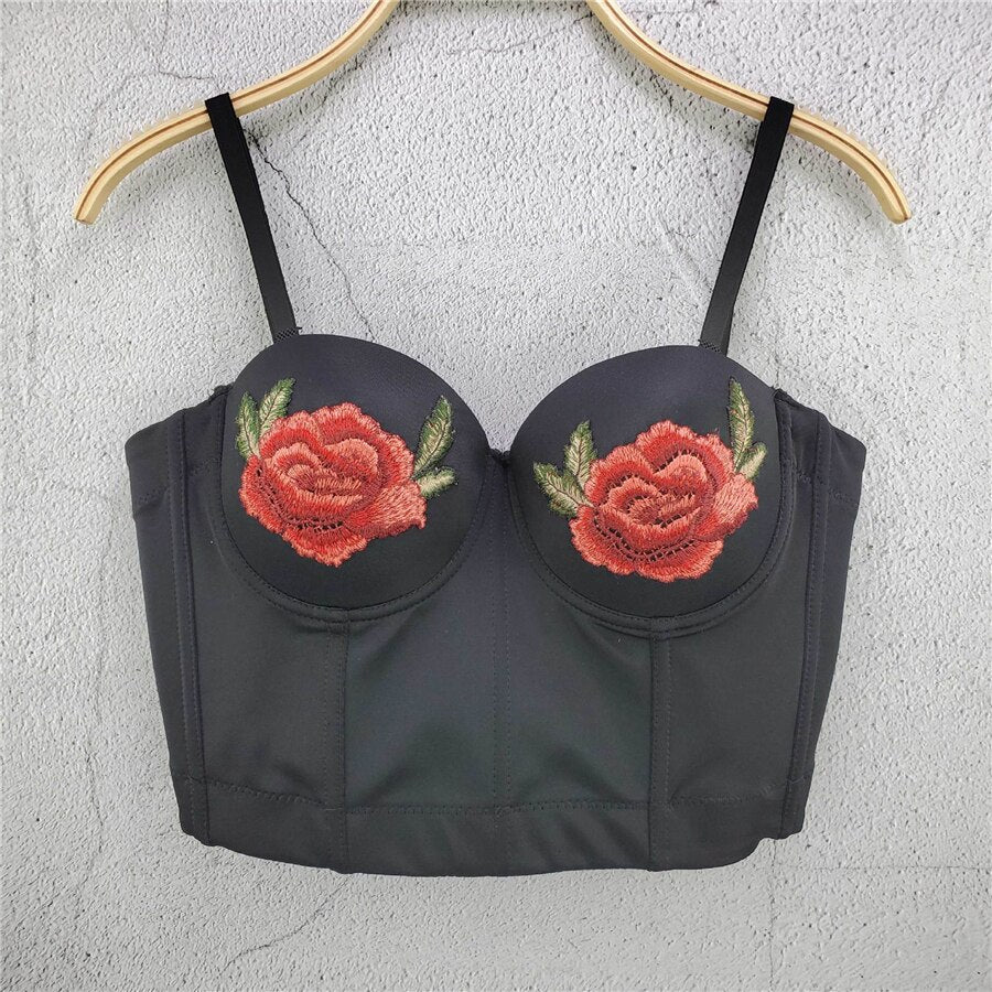 Sexy Crop Top With Built In Bra Full Cup Floral Embroidered Top Fairy Women Off Shoulder Slim Camis Push Up Bralette
