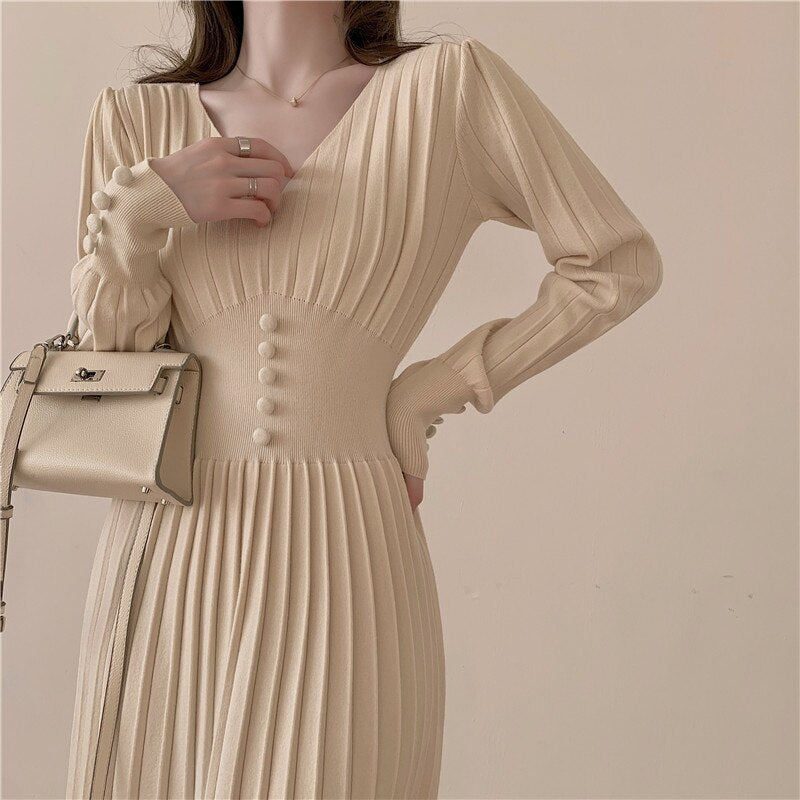 V Neck Long Sleeve Pleated Knitted Dress Autumn Winter Button Elegant Casual Midi Dress