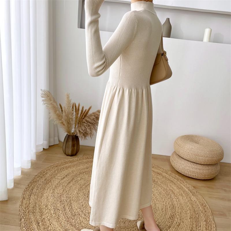 Elegant Autumn Knitted Pleated Dress Half High Collar Women Sweater Midi Dress 2021 A-line Solid Vestidos