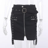 Denim Black Mini Punk Skirt Streetwear Metal Chain Patchwork High Waist Zipper Front Short Women Pencil Skirts Female With Belt