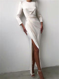 Long Sleeve O Neck Satin Split Women Maxi Sexy Elegant Party Club Dress