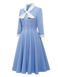 Bow Neck Button Front Blue Robes A-Line Vintage Midi Swing Dresses for Women 3/4 Length Sleeve Spring Elegant Dress