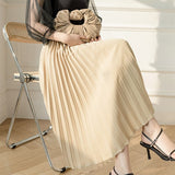 Women Summer High Waist Pleated Skirts Korean Style Solid Color Ladies Elegant A-line Long Skirt