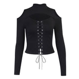 2021 Harajuku Gothic Punk T Shirt Women Lace Up Black Hollow Out Turtleneck Long Sleeve Gothic Tshirt Spring Short Streetwear