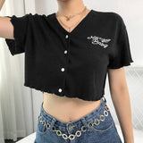 2021 Embroidery Letter Black Woman Tshirts Top Summer V-neck Short Sleeve Crop Top T Shirt Harajuku Casual Loose Tee Shirt