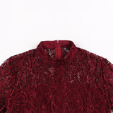 Burgundy Formal Short Sleeve Lace Patchwork Stand Collar Robe Swing Elegant Evening Party Dresses