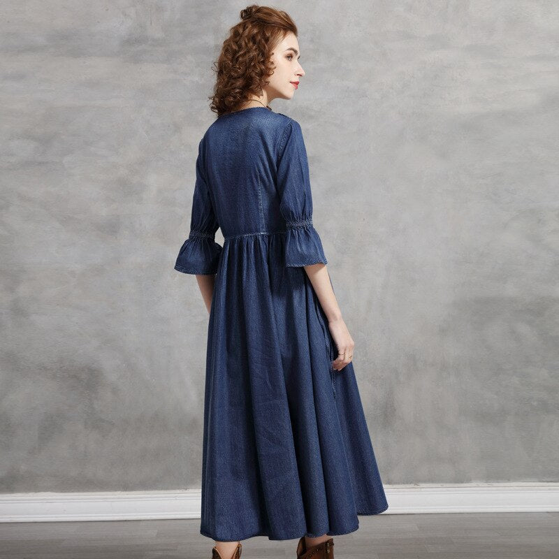 Spring Denim Flare Sleeve Lace-up Long Women Vintage High Waist A-Line Embroidery Dress