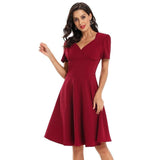 Solid High Waist Ruched Wrap V Neck 1950S Vintage Robe Swing Spring Summer Women A Line Midi Retro Dress