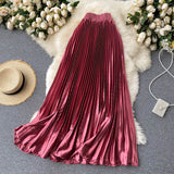 High Waist Long Women Elegant Office Lady Metallic Satin Maxi Pleated Skirt