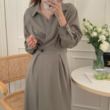 Turn-Down Collar Office Wrap Shirt Dress Autumn Long Sleeve Button Up Vintage Elegant Midi Dress