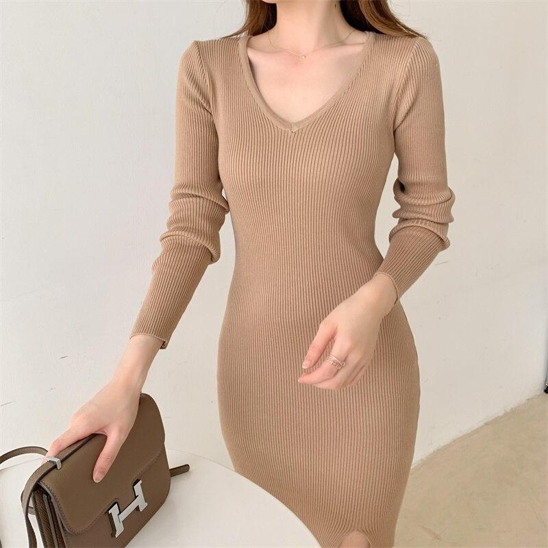 Women V Neck Long Sleeve Casual Knitted Dress Fall Winter Sexy Front Slit Midi Dress Elegant Ribbed Bodycon Dress