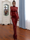 Full-sleeve Tulle Sequins Formal Evening Dress Floor-length Mermaid High-neck Gowns Elegant Black Gold Vestidos