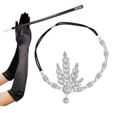 3pcs/set 1920s Flapper Great Gatsby Accessories Set Leaf Medallion Pearl Headband Black Gloves Cigarette Holder Costume