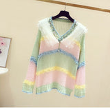 Women Long Sleeve V-Neck Knitted Rainbow Color Thin Mesh Patchwork Sweater Streetwear