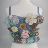 Sexy Denim Flowers Corset With Cup Nightclub Party Short Cami Cropped Built In Bra Crop Top YH982