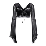 Mall Gothic Sext Velvet Ruffle T Shirt Y2K Grunge Aesthetic Black Chiffon Flare Sleeve Lace Up Tops Punk Retro Harajuku Crop Top