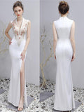 White V-neck Sleeveless Evening Dress Long Taffeta Prom Gown Sexy Side Split Robe Applique Women Formal Dress