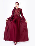 Muslim Long-sleeve Chiffon Middle Eastern Embroidered Big A-line O-neck Sequins Dress
