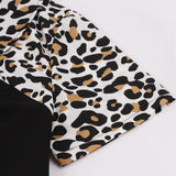 Women Short Sleeve Black Leopard Print Patchwork Robe Pin Up Swing Vintage Dresses