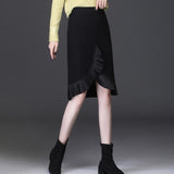 Women Retro Plaid Autumn Korean Office High Waist Vintage Knitted Trumpet Black Skirts