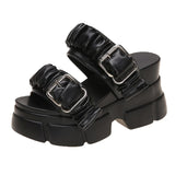 Pleated Chunky Platform Sandals Buckle Wedges Slippers Woman 9cm High Heel Summer Sandalias