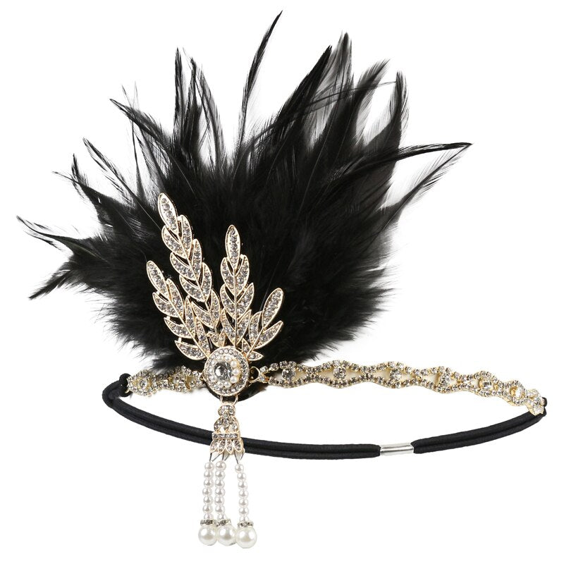 1920s Flapper Headband Feather Headpiece Roaring 20s Great Gatsby Inspired Leaf Medallion Pearl Women Hair Accessories