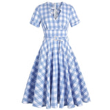 Cotton Retro Vintage Women Swing Dress With Belt Blue Plaid Print V Neck Short Sleeve Pin Up Rockabilly Swing Sundress For Party