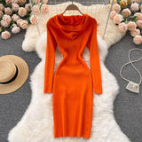 Knitted Bodycon Dress Kangaroo Pocket Hooded Long Sleeve Casual Winter Dress Women Clothing Ribbed Sweater Dress