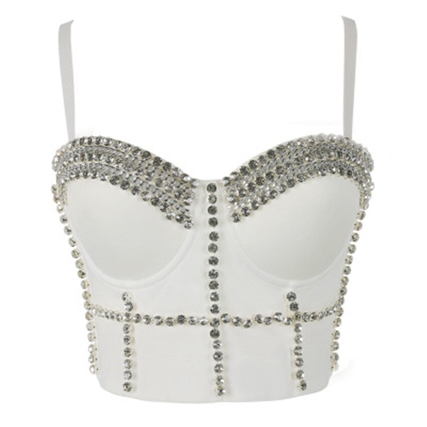 Corset Tops Women Off Shoulder Rhinestone Top Bright Beads Cropped Sling Crop Top With Cups Sexy Body Top Nightclub Bustiers