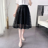 Woman Elegant Midi Skirt Office Lady Zipper A Line Hollow Out Lace Elastic High Waist Skirts