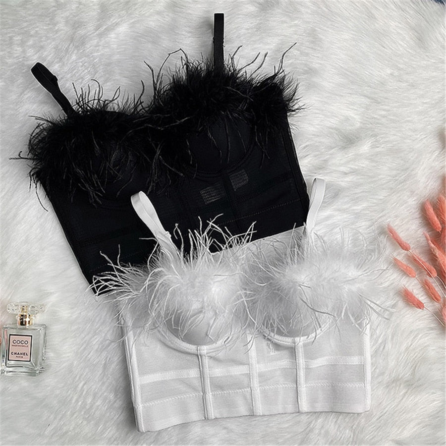 Crop Tank Top Feather Mesh Nightclub Stage Sexy Crop Top Women Camis Top With Built In Bra Push Up Bralette