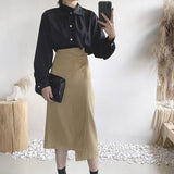 Autumn Women High Waist Button Bodycon Elegant Sexy Irregular Straight Skirts