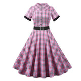 Turn Down Collar Button Up Plaid Vintage Short Sleeve Summer Women Casual A-Line Belted Swing Dresses