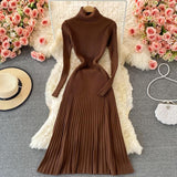 Autumn Winter Warm Turtleneck Sweater Dress Women Long Sleeve Casual Ribbed Knitted Midi Dress Elegant Pleated Dress