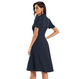 Retro Single Breasted Ruched V Neck Elegant Party Midi Women Rockabilly Vintage Swing Dress