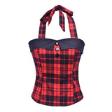 2021 Plaid Shirt Women 50S Pinup Retro Button Front Halter Top Vintage Clothes Cotton Backless Elegant Cropped Blouse