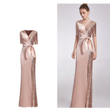 V-neck Elegant Half-Sleeve Evening Dress Bow Waist Formal Women Long Satin Sequins Prom Robe Dress