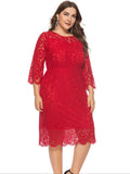 Black Formal Lace O-neck Plus Size 6XL Elegant Red Cut Out Lace Three Quarter Sleeve Party Evening Dress