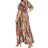 Plus Size Women Slit V Neck Asymmetrical Short Sleeve Long Maxi Bohemian Dress
