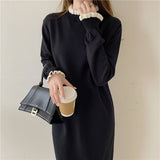 Long Sleeve Black Casual Knitted Dress Winter Contrast Color Frill Trim Elegant Loose Midi Dress