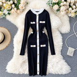 Office Lady Knitted Sexy Mini Bodycon Dress Contrast Color Trim Buttons Long Sleeve Winter Sweater Dress