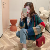 Autumn Women Coat Single-breasted V-Neck Knit Vintage Casual Loose Cardigans Patchwork Sweaters