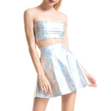 2 Pcs/Set Co-ord Shiny Silver Holographic Tube Top Metallic Wet Look A-line Mini Skirt Clubwear