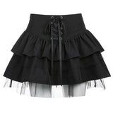 2021 Japanese Harajuku Style Black Pleated Skirts Lace Up Front Mesh Retro Punk Lolita Cake Mini School Girls Cute Casual Skirts