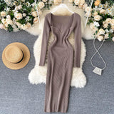 Strapless Ribbed Knitted Bodycon Dress Women Winter Long Sleeve Midi Sweater Dress Clothes