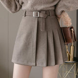 Ladies Elegant A-line Short Skirts Korean Style All-match Woolen High Waist Women Mini Skirt With Belts