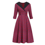 V Neck Wrap Double Breasted High Waist Tartan Vintage Autumn 3/4 Length Sleeve Elegant Plaid Dress