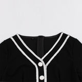 White And Black Contrast Color Summer Vintage Clothes Short Sleeve Robe Pin Up Swing Office Ladies Dresses